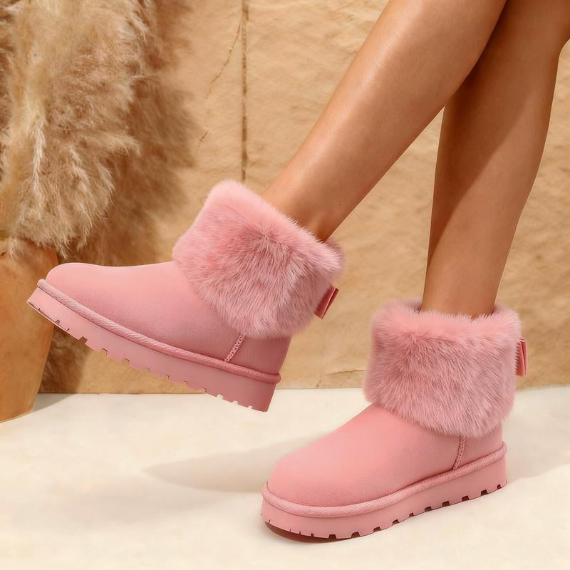 Women'S Fluffy Fuzzy Faux Fur Platform Snow Boots with Bowknot Short Ankle Boots Solid Color Suede round Toe Memory Foam Footwear Anti-Slip Girl Fashion Cozy 2025 Winter Warm Casual Dress Shoes for Daily Wear Christmas Gift